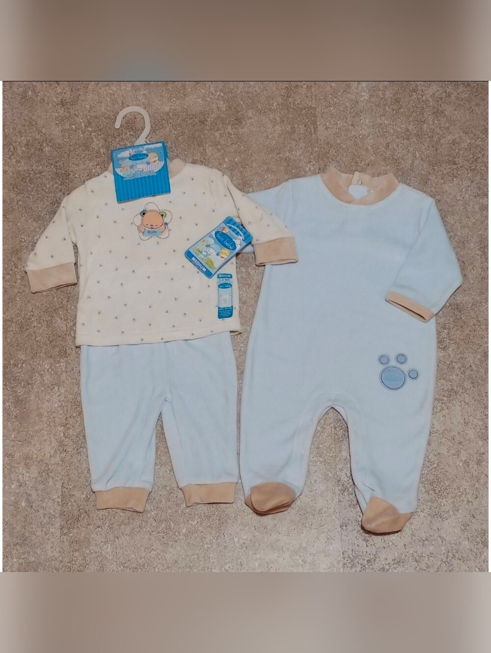 3-6 mo.'s 3 pieces–2 complete outfits by “bon bebe” baby boy w/bear paw prints